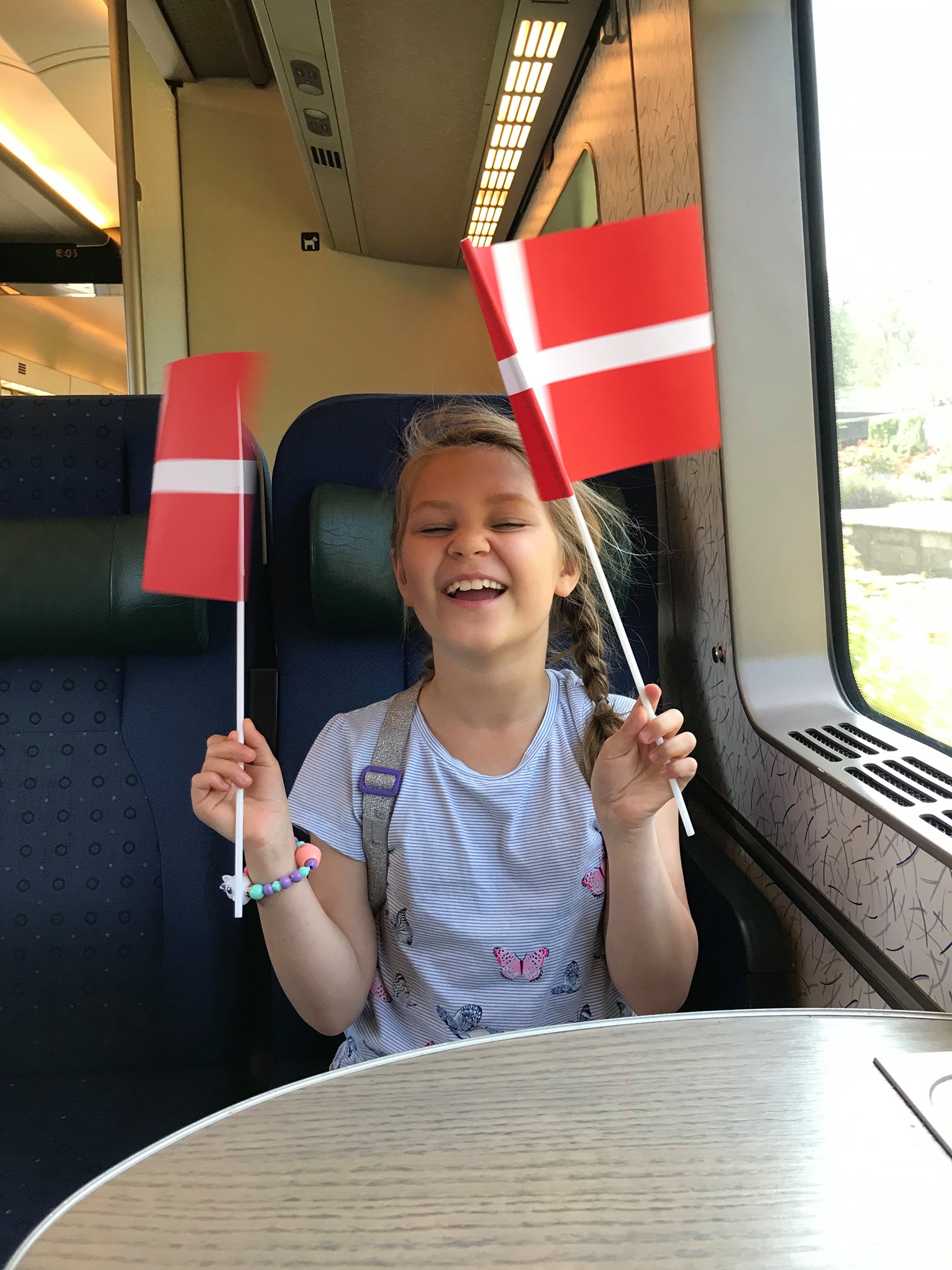 Little girl smiling holding 2 Danish flags in each hand