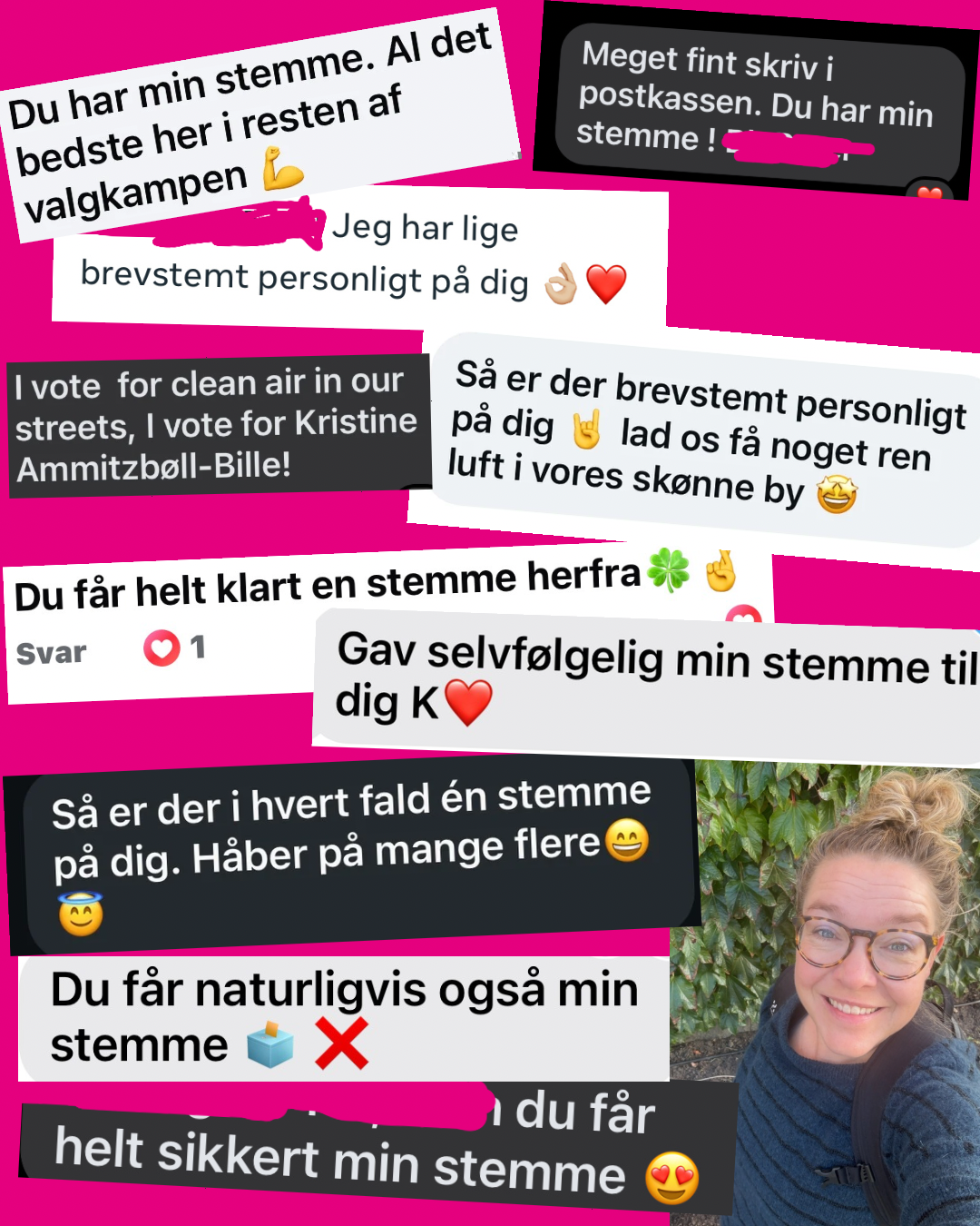 Collage of screenshots of online messages with a woman smiling on the bottom right