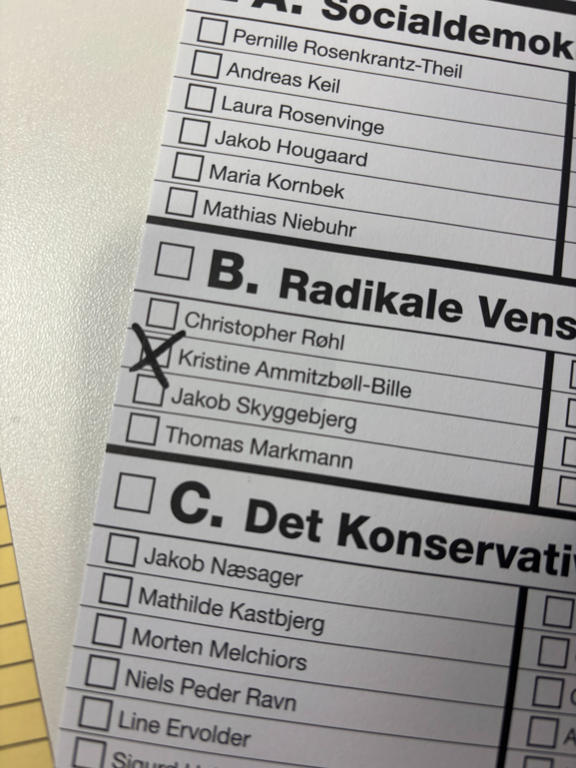 A voting card with names of political parties