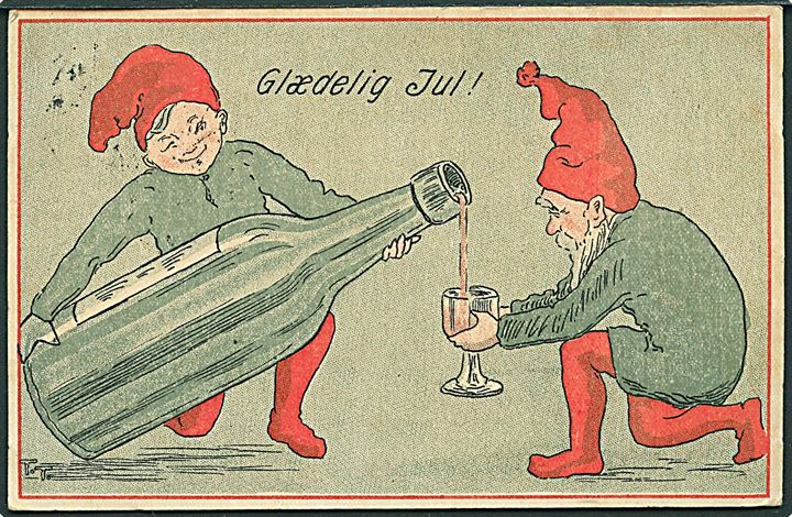 A Danish Christmas Card showing Nisse from the Nordic folklore pouring a glass of Gløgg