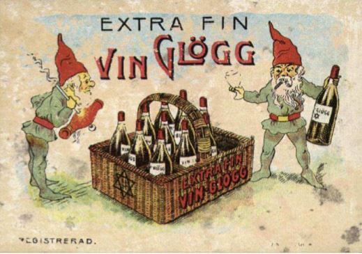 Christmas cards showing Nisse from Nordic folklore opening a crate of fine wine, bottled Gløgg