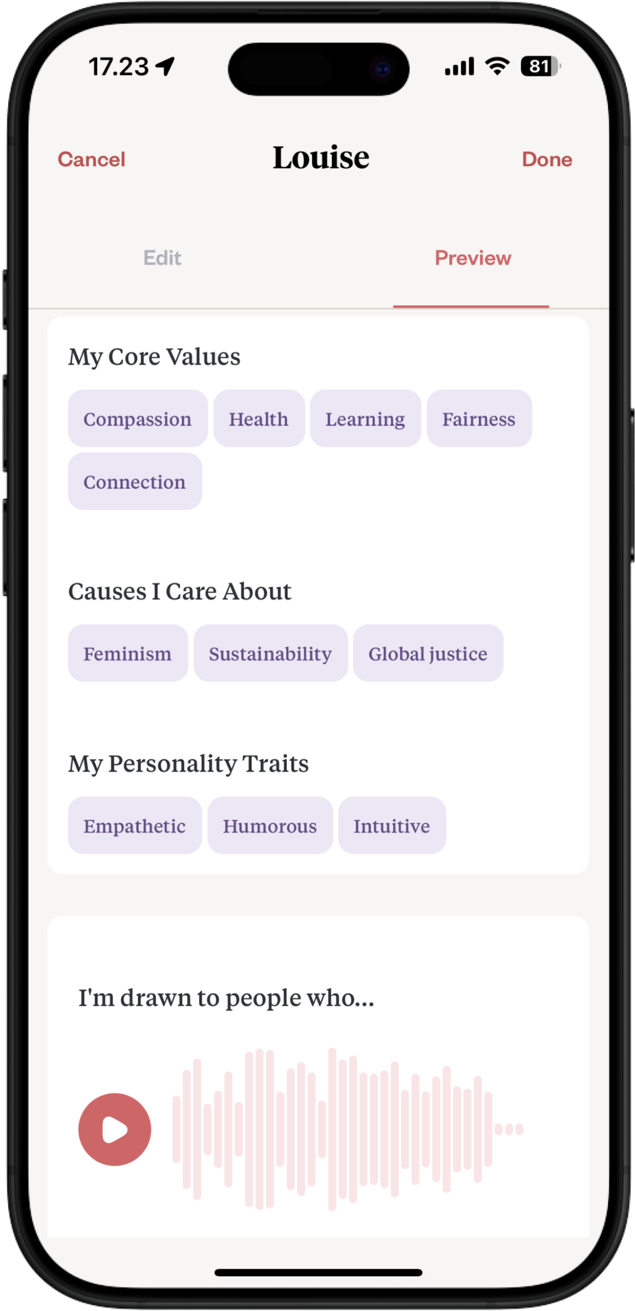 Dating app screen on a mobile phone