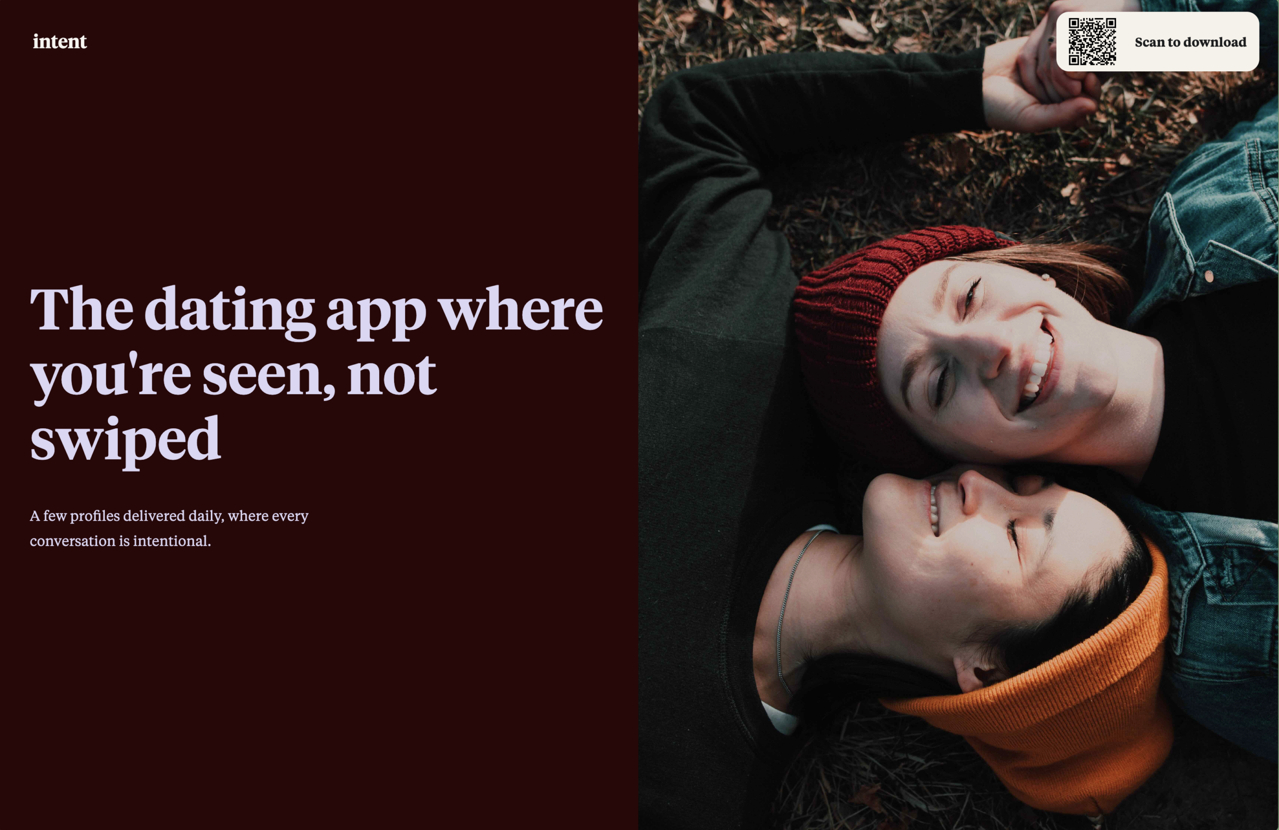 Homepage of a dating site with a couple lying upside down to each other