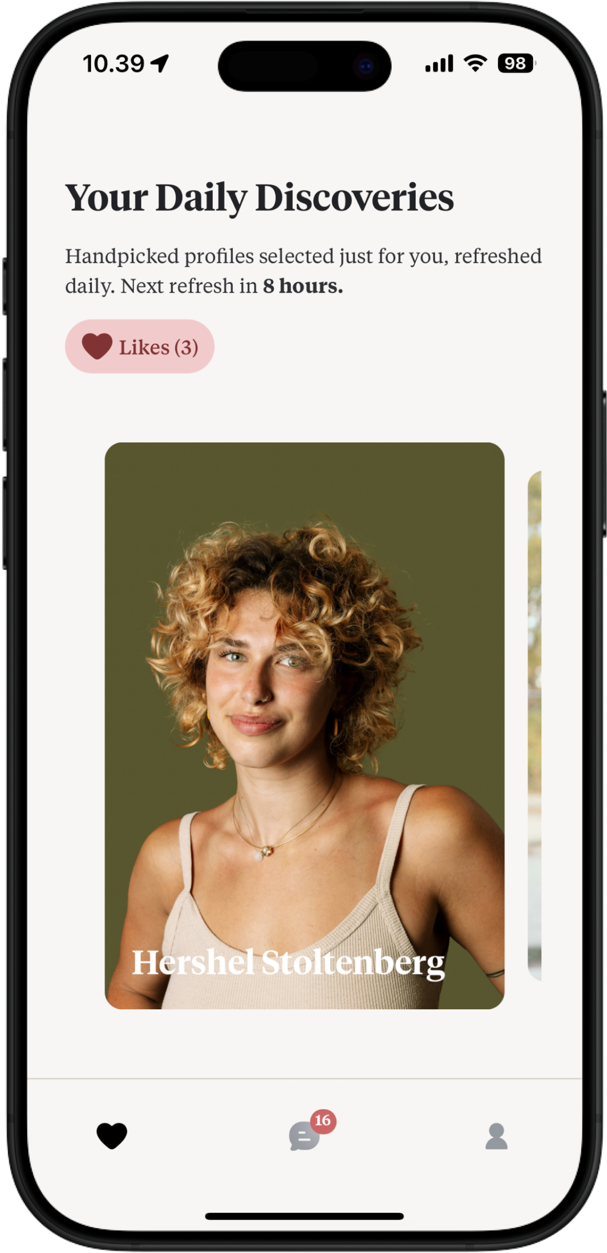 Dating app screen on a mobile phone