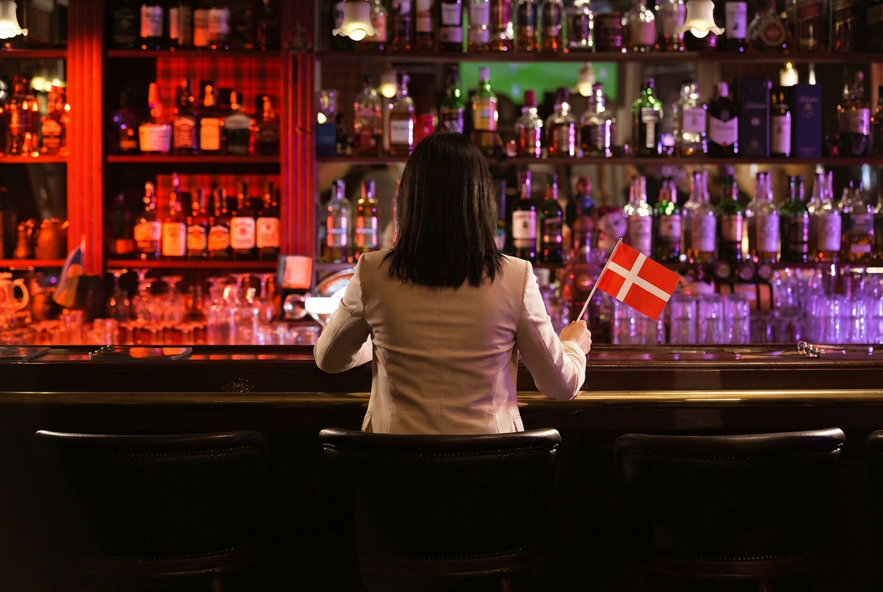 Woman sitting at a bar holding a small Danish flag, with shelves of liquor bottles glowing in red and purple light behind her.