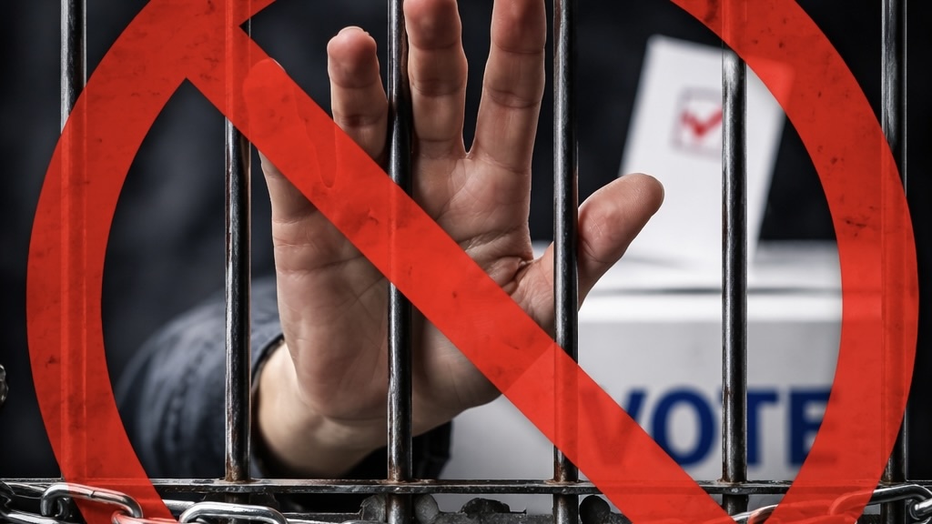Locked out of voting rights A hand reaching through chained prison bars toward a ballot box, overlaid with a red prohibition symbol, representing denial of voting rights.