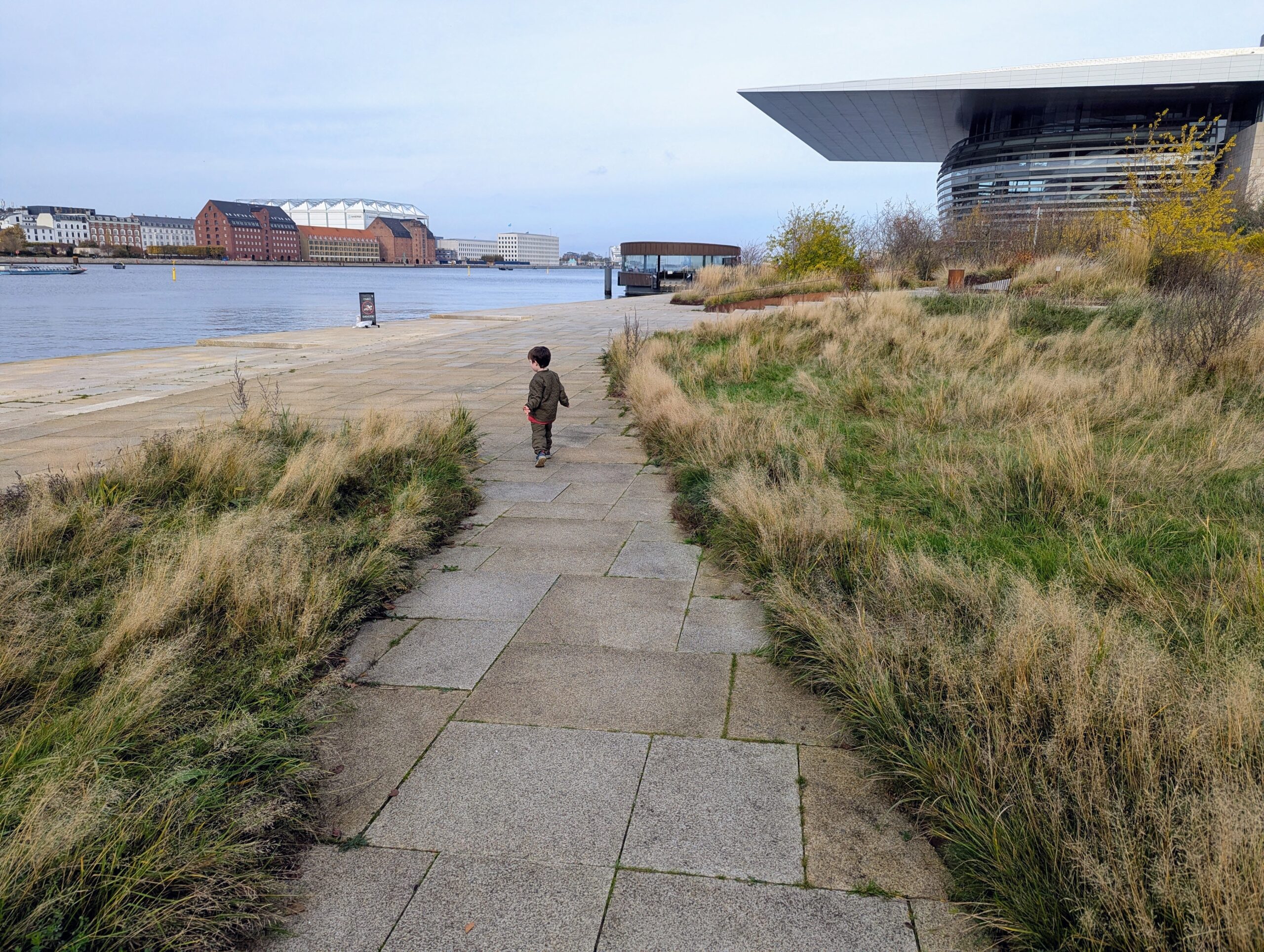 A small child walks away along a stone path flanked by wild grass, beside the Copenhagen harbour, with the Opera House visible to the right and the city skyline across the water.