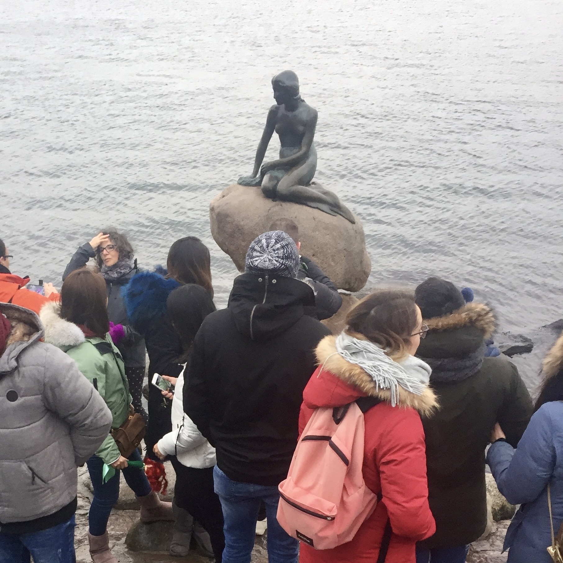 A dense crowd of winter-dressed tourists pressing in around the Little Mermaid bronze statue, which sits on its rock above the grey harbour water in Copenhagen.