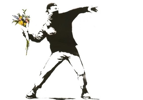 Banksy's iconic stencil of a masked figure hurling a bouquet of flowers.