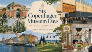 Six Copenhagen Museum Days AI-generated collage promoting 'Six Copenhagen Museum Days — The Cultural Explorer's Diary', featuring illustrated scenes of Glyptoteket, Louisiana, Nyhavn, and Designmuseum Danmark.