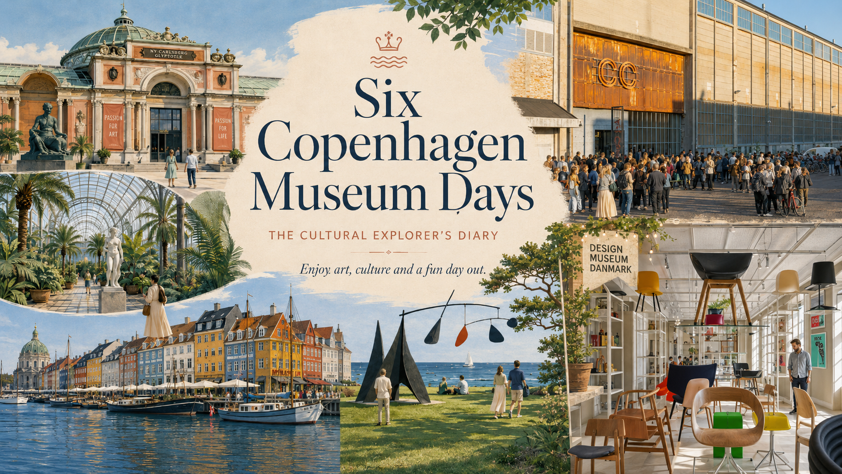 Six Copenhagen Museum Days AI-generated collage promoting 'Six Copenhagen Museum Days — The Cultural Explorer's Diary', featuring illustrated scenes of Glyptoteket, Louisiana, Nyhavn, and Designmuseum Danmark.