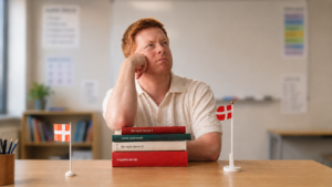 Frustrated man with Danish textbooks A red-haired man rests his head on his fist, looking frustrated, with a stack of Danish language textbooks and two small Danish flags on the desk in front of him.