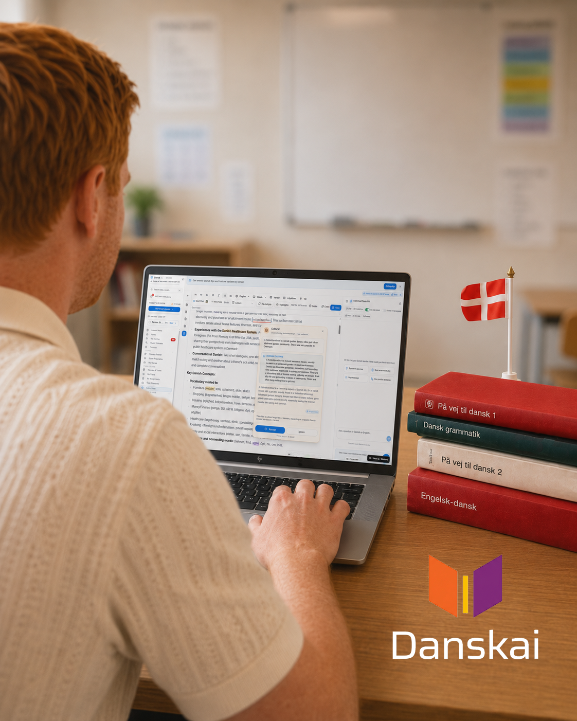 A man with red hair works on a laptop showing a Danish-learning interface, beside a stack of Danish textbooks and a small Danish flag, with the Danskai logo in the corner.