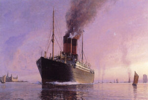 Headline image — Painting of an early 20th-century ocean liner A painting of a black and white ocean liner with two smoking funnels sailing past a coastal castle at dusk, under a pink and purple sky, with smaller sailboats nearby