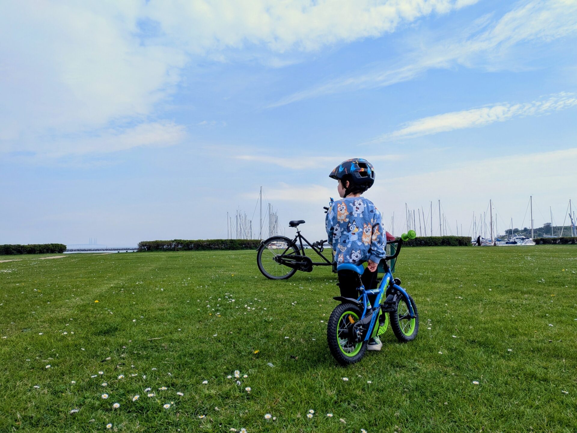 Taking a break by the marina on a family bike ride Child in a helmet standing with a small blue bike on a grassy lawn beside a marina full of sailboats