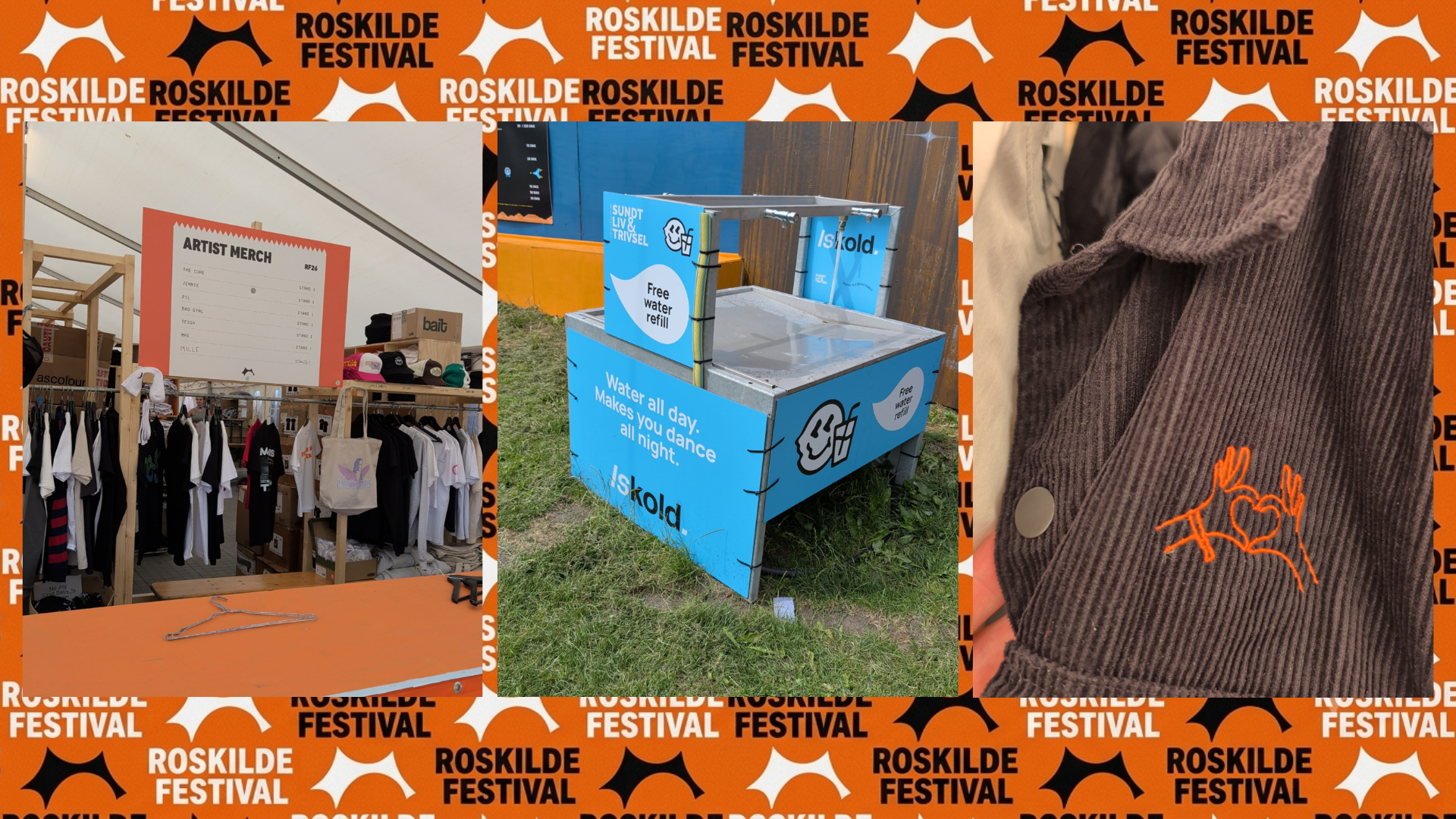 Three-panel Roskilde Festival branded collage showing an artist merch stand, an Iskold free water refill station with the slogan 'Water all day. Makes you dance all night.', and a close-up of an embroidered jacket