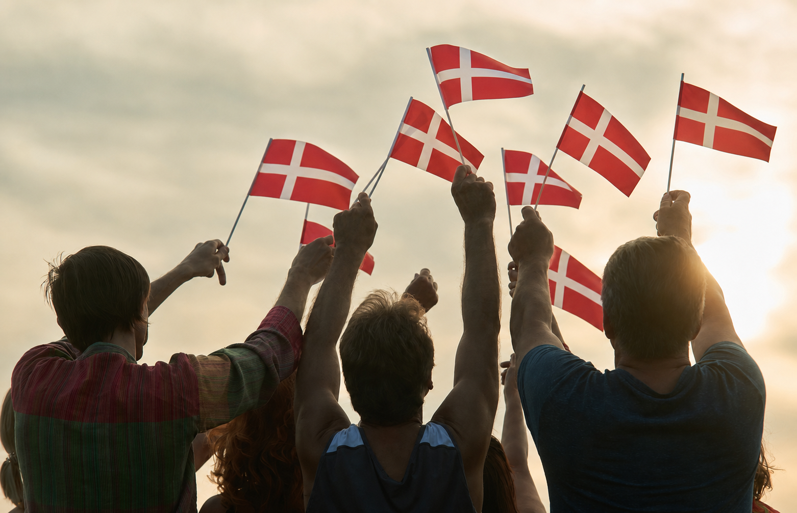 Silhouettes of a group of people seen from behind, raising their arms and waving small Danish flags against a warm, cloudy sunset sky