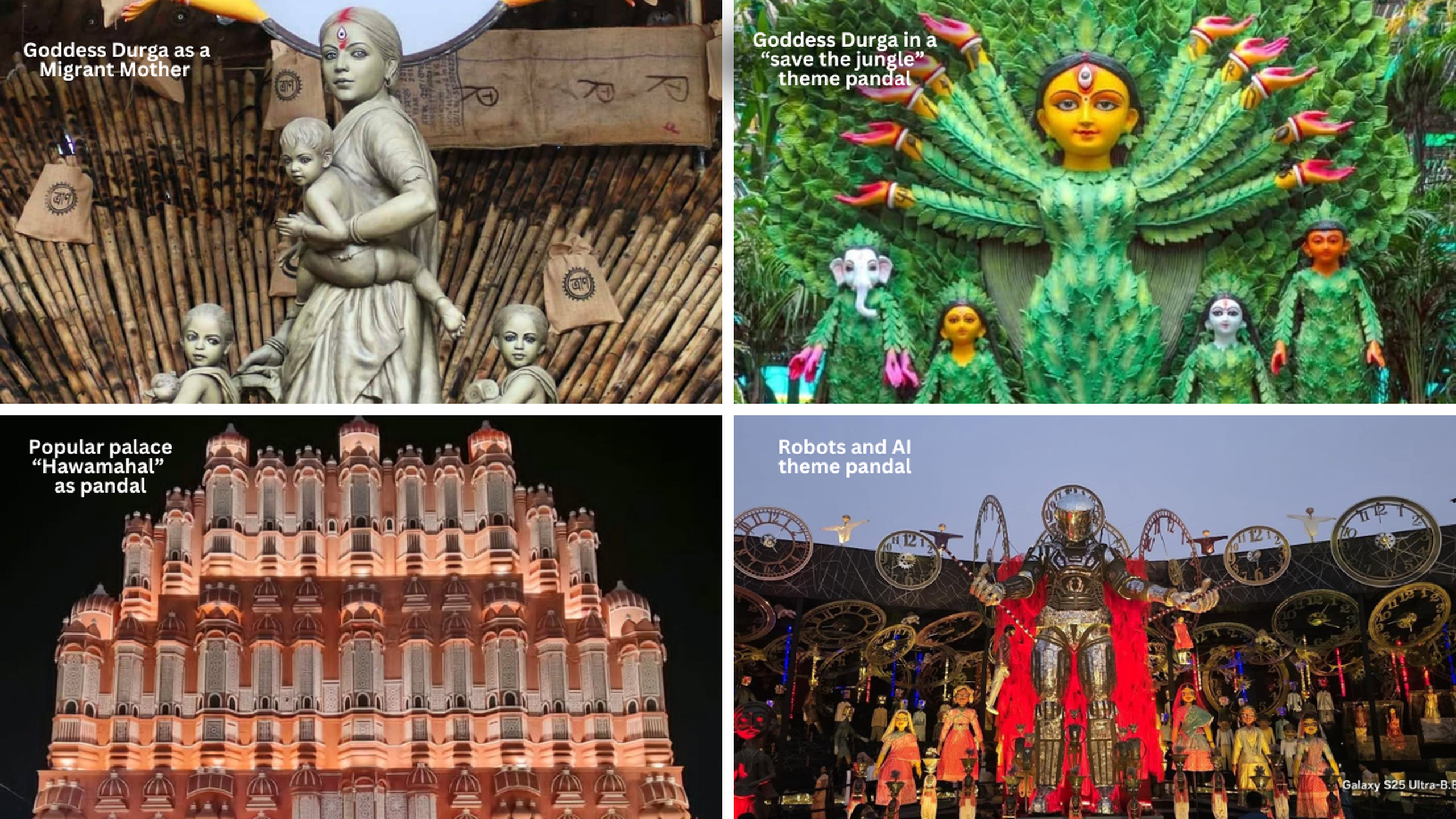 A collage of four themed Durga Puja pandals: Goddess Durga as a migrant mother, Durga in a green "save the jungle" pandal, a pandal built like the Hawa Mahal palace, and a pandal with a robots and AI theme.