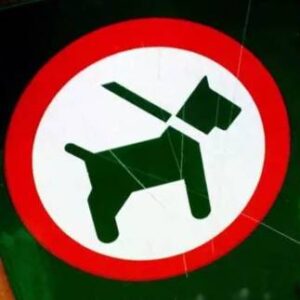 Round sign with a red border showing a black dog on a leash, meaning dogs must be kept on a leash
